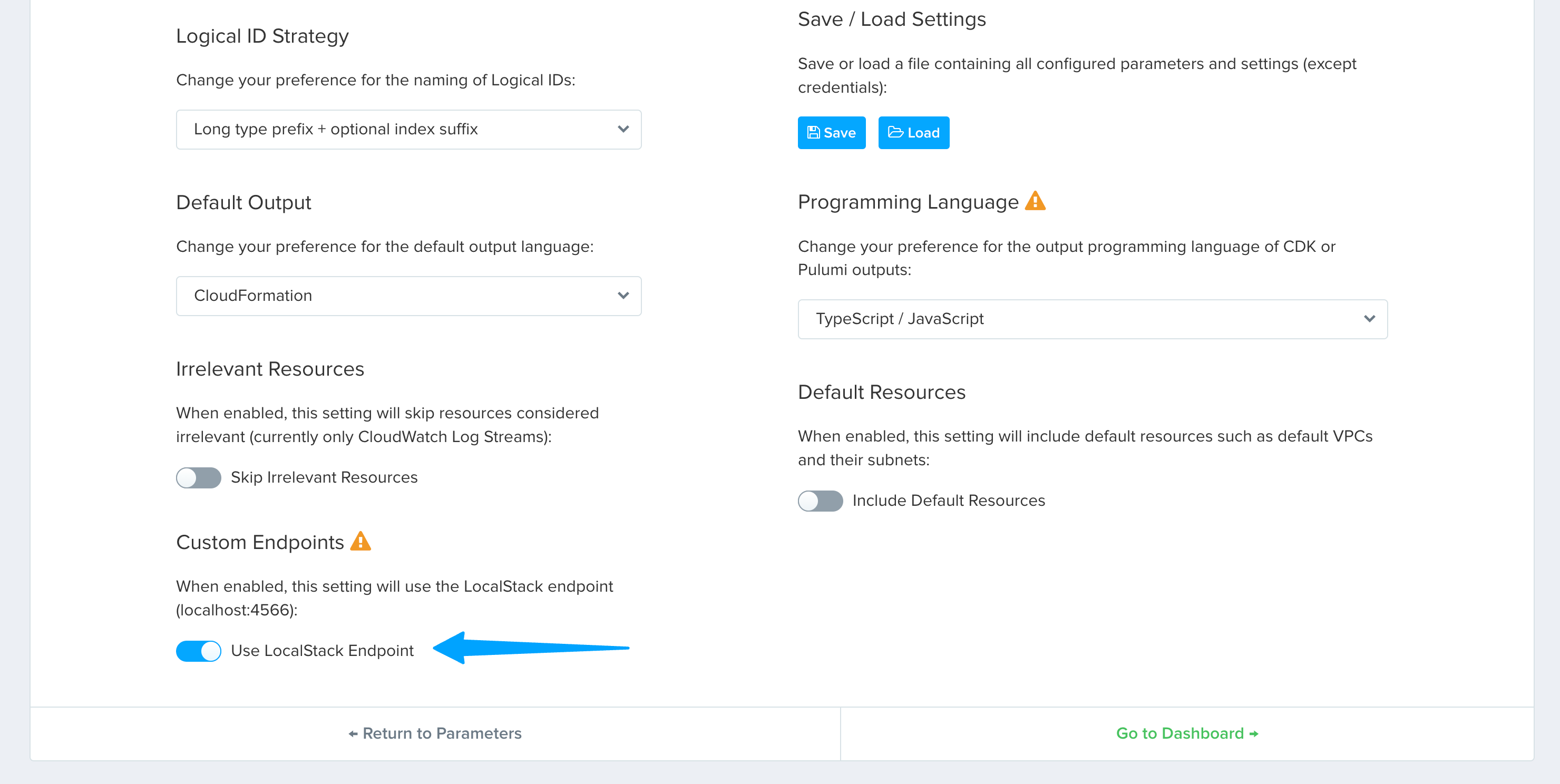 LocalStack endpoint toggle on Former2 Dashboard